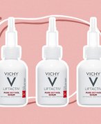 Vichy LiftActiv Pure Retinol Serum collaged three times on a pink background