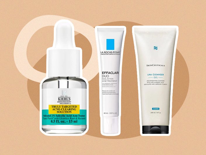 Picture of three acne-fighting products with benzoyl peroxide and salicylic acid on a neutral graphic background 