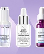 Collage with a purple background and the Lancôme Clarifique Pro-Solution Serum, Kiehl’s Clearly Corrective Dark Spot Corrector and the La Roche-Posay 10% Pure Niacinamide Serum