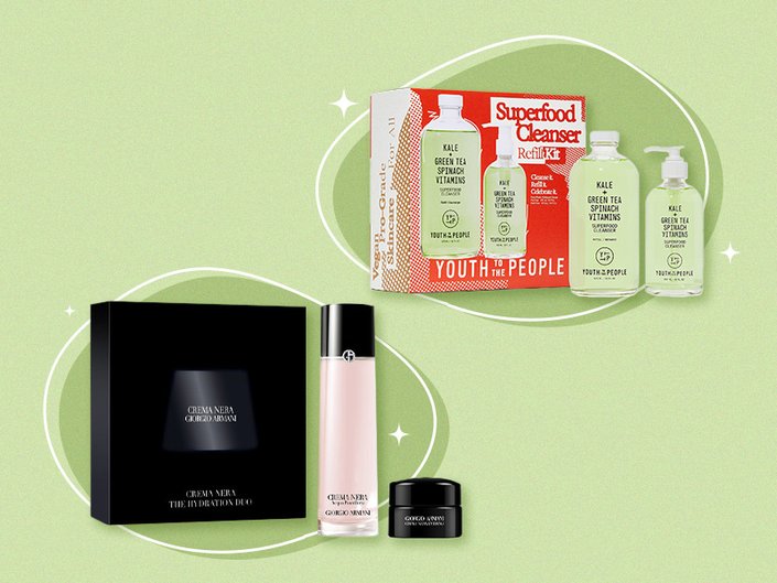 A collage of skincare gift sets
