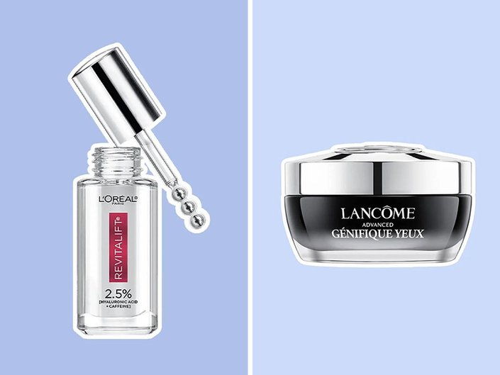 photo of L'Oréal Paris Hyaluronic Acid Eye Serum and Lancôme Advanced Génifique Eye Cream on blue backgrounds