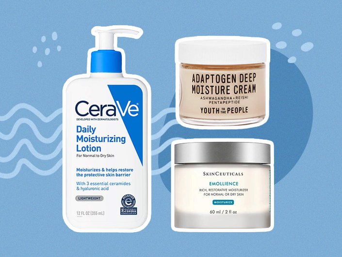 A designed graphic featuring three jars of facial moisturizers: SkinCeuticals Emollience Rich Restorative Moisturizer, Youth To The People Adaptogen Deep Moisturizing Cream and CeraVe Daily Moisturizing Lotion