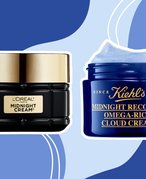 L'Oréal Paris Age Perfect Skin Care Cell Renewal Midnight Cream and Kiehl’s Midnight Recovery Omega Rich Botanical Night Cream on blue graphic background 