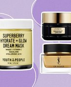 collage of night creams from all price ranges on a purple background