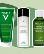 Collage of the Vichy Normaderm PhytoAction Daily Deep Cleansing Gel, SkinCeuticals LHA Toner and Youth to the People Mandelic Acid Superfood Exfoliant