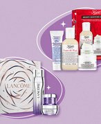 Lancôme Rénergie H.C.F. Triple Serum Holiday Gift Set and the Kiehl’s Mighty Moisture Gift Set collaged on a purple graphic background