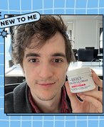 stephen holding a jar of the kiehls ultra facial cream with spf 30 collaged onto a blue graphic background