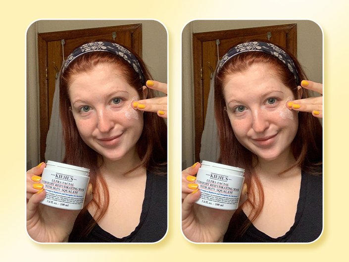 person applying Kiehl’s Ultra Facial Overnight Hydrating Face Mask to face