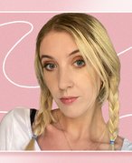 Photo of a blonde girl with pigtail braids on a pink graphic background