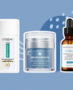 L’Oréal Paris Bright Reveal Broad Spectrum SPF 50 Daily UV Lotion, IT Cosmetics Hello Results Wrinkle-Reducing Daily Retinol Serum-in-Cream and SkinCeuticals C E Ferulic collaged on a blue background