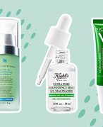 Picture of the SkinCeuticals Phyto A+ Brightening Treatment, Kiehl’s Ultra Pure High-Potency 5.0% Niacinamide Serum and Vichy Normaderm S.O.S Acne Rescue Spot Corrector on a green graphic background