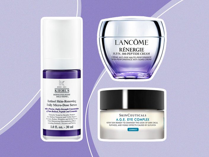 lancome peptide cream, kiehls micro-dose retinol, skinceuticals age complex moisturizer collaged onto a purple background