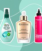 Garnier Fructis Pure Clean Hair Reset Hydrating Serum, Kérastase Initialiste Hair and Scalp Serum and Matrix Total Results Instacure Tension Reliever Scalp Serum on green graphic background 