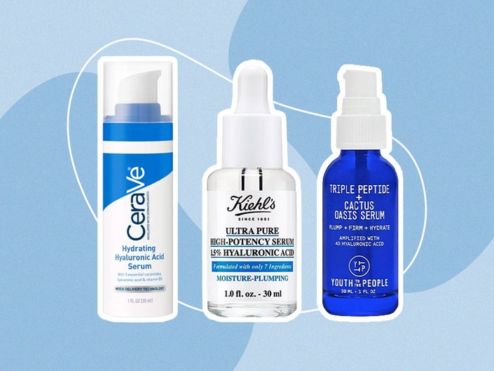 Bottles of CeraVe, Kiehl’s, and Youth to the People face serums
