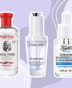 Thayers Rose Petal Facial Toner, Lancôme Clarifique Serum and Kiehl’s Ultra Pure High-Potency 1.5% Hyaluronic Acid Serum on a purple background
