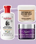 Picture of the Thayers Natural Remedies Milky Hydrating Face Toner with Snow Mushroom and Hyaluronic Acid,Youth to the People Adaptogen Deep Moisture Cream and the Kiehl’s Super Multi-Corrective Anti-Aging Cream for Face and Neck on a graphic purple background