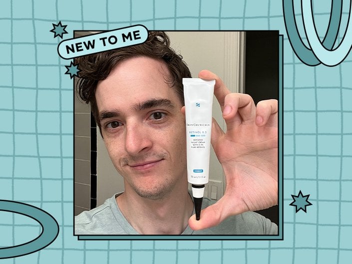 Collage of article author Stephen Rubino holding SkinCeuticals product