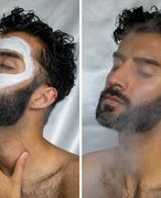 collage of photos of a person with a dark beard wearing skincare face mask and steaming their face
