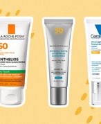 Image of the La Roche-Posay Anthelios Clear Skin Oil-Free Sunscreen SPF 60, SkinCeuticals Physical Matte UV Defense SPF 50 and the CeraVe Ultra-Light Moisturizing Lotion SPF 30 on a graphic yellow background