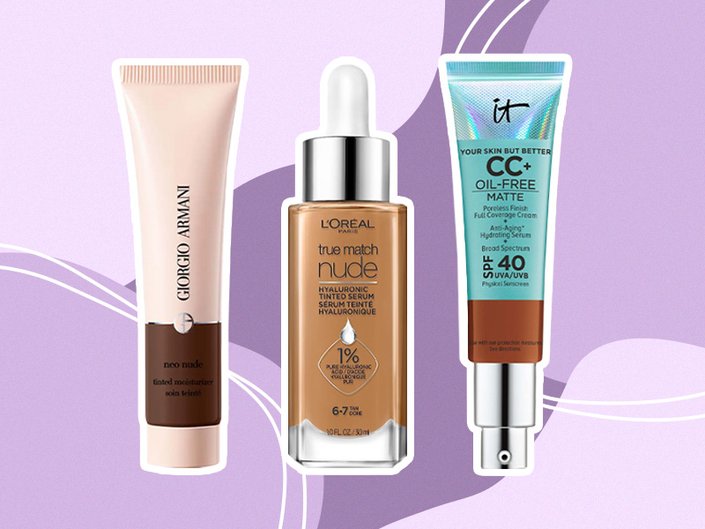 best tinted moisturizers tubes collaged onto a purple background