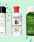 Picture of the SkinCeuticals Equalizing Toner, Thayers Natural Remedies 2% AHA Exfoliating Toner and Youth to the People Mandelic Acid + Superfood Unity Exfoliant on a green graphic background