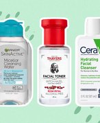 Collage of the Garnier SkinActive Micellar Cleansing Water All-in-1 Waterproof Makeup Remover, Thayers Natural Remedies Rose Petal Facial Toner and CeraVe Hydrating Cleanser on a green graphic background