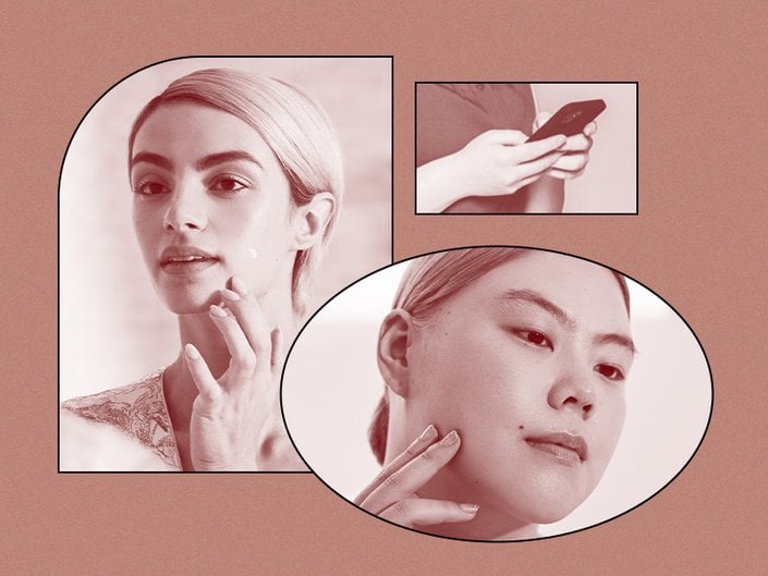 A collage of three images: One person applying applying a spot treatment, a person holding a cell phone and a person touching their jawline