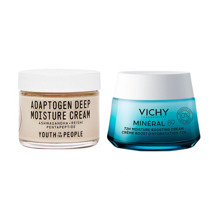 Youth To The People Adaptogen Deep Moisture Cream and Vichy Minéral 89 Fragrance Free Cream