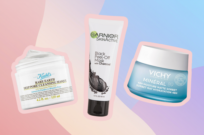 Collaged image of face masks by Kiehl’s, Garnier SkinActive, and Vichy