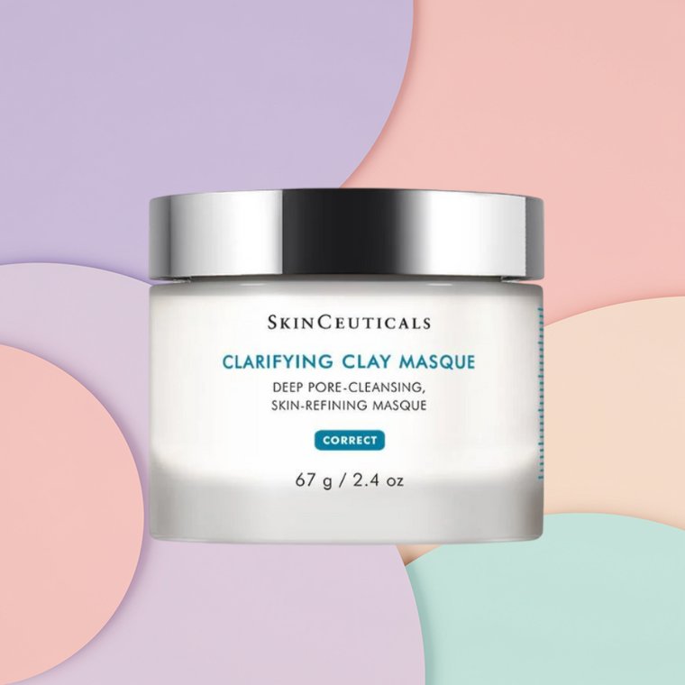 Bottle of SkinCeuticals Clarifying Clay Masque on a textured background