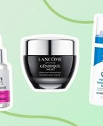 IT Cosmetics Bye Bye Lines Hyaluronic Acid Serum, Lancôme Advanced Génefique Night Cream, CeraVe Hydrating Hyaluronic Acid Serum  collaged on a light green background