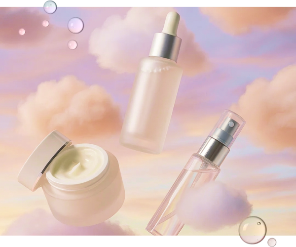Collage of skincare products floating in the clouds